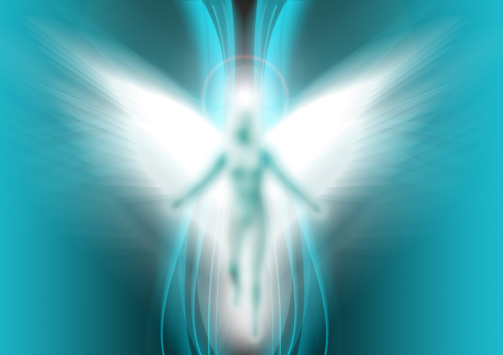 This illustration of an angel is on a soft wavy background giving a feeling of calm.